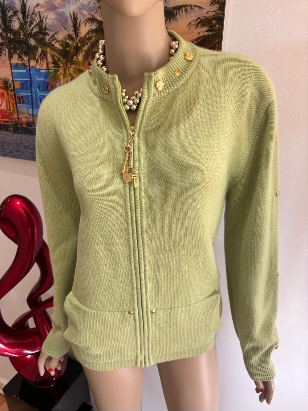 St. John  Green Zip Front Cardigan with Gold-Tone Accents 100% cashmere M